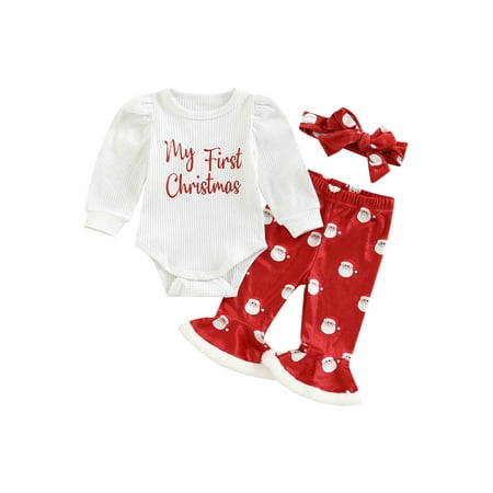 

Meihuida Baby Girls Christmas Pants Set Long Sleeve Letters Print Romper Santa Claus Print Flare Pants Bowknot Headband