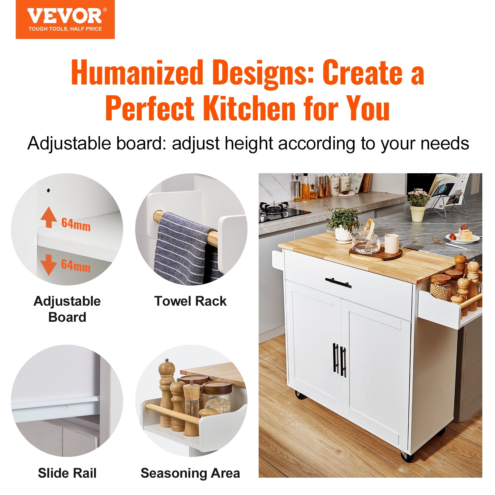 VEVOR Kitchen Island Cart with Solid Wood Top, 35.4" Width Mobile Carts with Storage Cabinet, Rolling Kitchen Table with Spice Rack, Towel Rack, Drop Leaf and Drawer