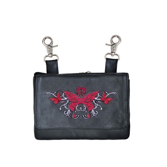 Ladies Red Tribal Embroidered Butterfly Black Leather Clip Belt Hip Fanny Bag Purse