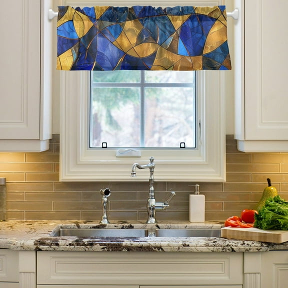 Blue Gold Mosaic Curtain Valances Farmhouse Design Window Treatment Decor Blackout Rod Pocket for Windows Living Room Kitchen 54" x 18"