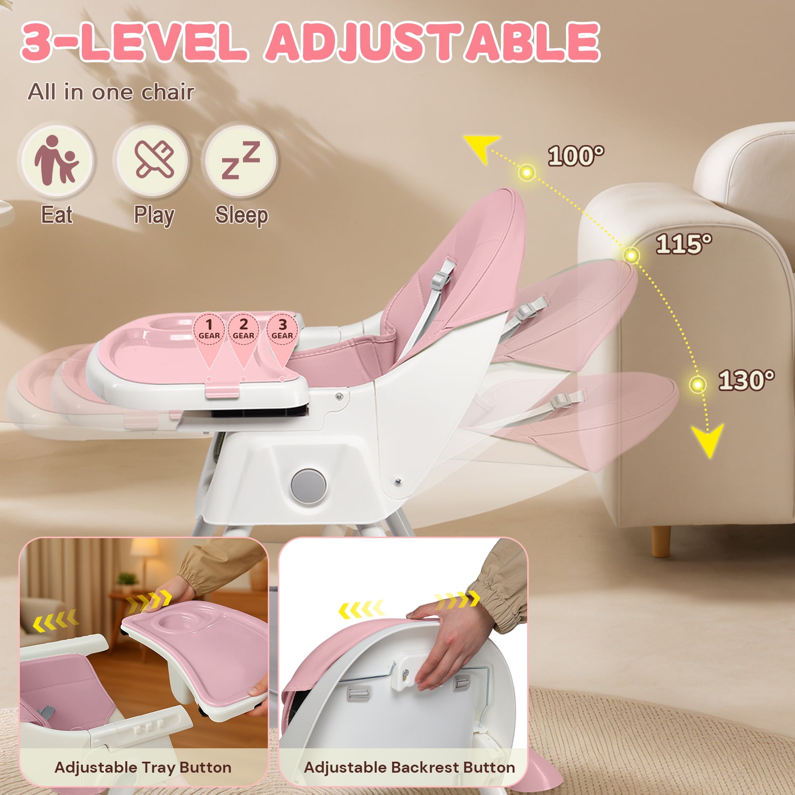 Ktaxon Baby High Chair, Convertible 6 in 1 High Chairs for Babies and Toddlers, Foldable Baby Highchair with 5-Point Safety Harness, Adjustable Dining Tray, Backrest & Height, Pink