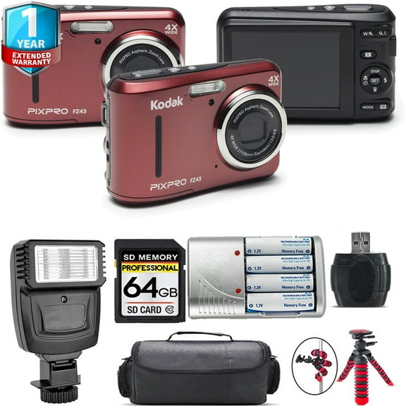 Kodak PIXPRO FZ43 Digital Camera (Red)   1 Yr Warranty   Flash - 64GB Kit