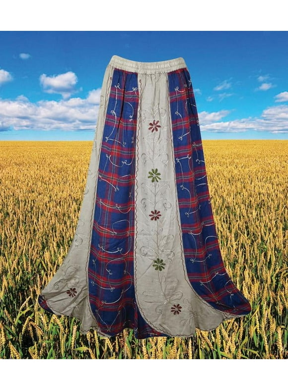 Ivory Renaissance Long Skirt, Blue Check Embroidery Hippie Skirt, Scalloped Hemline, Handmade, Boho Long Skirts S/M/L