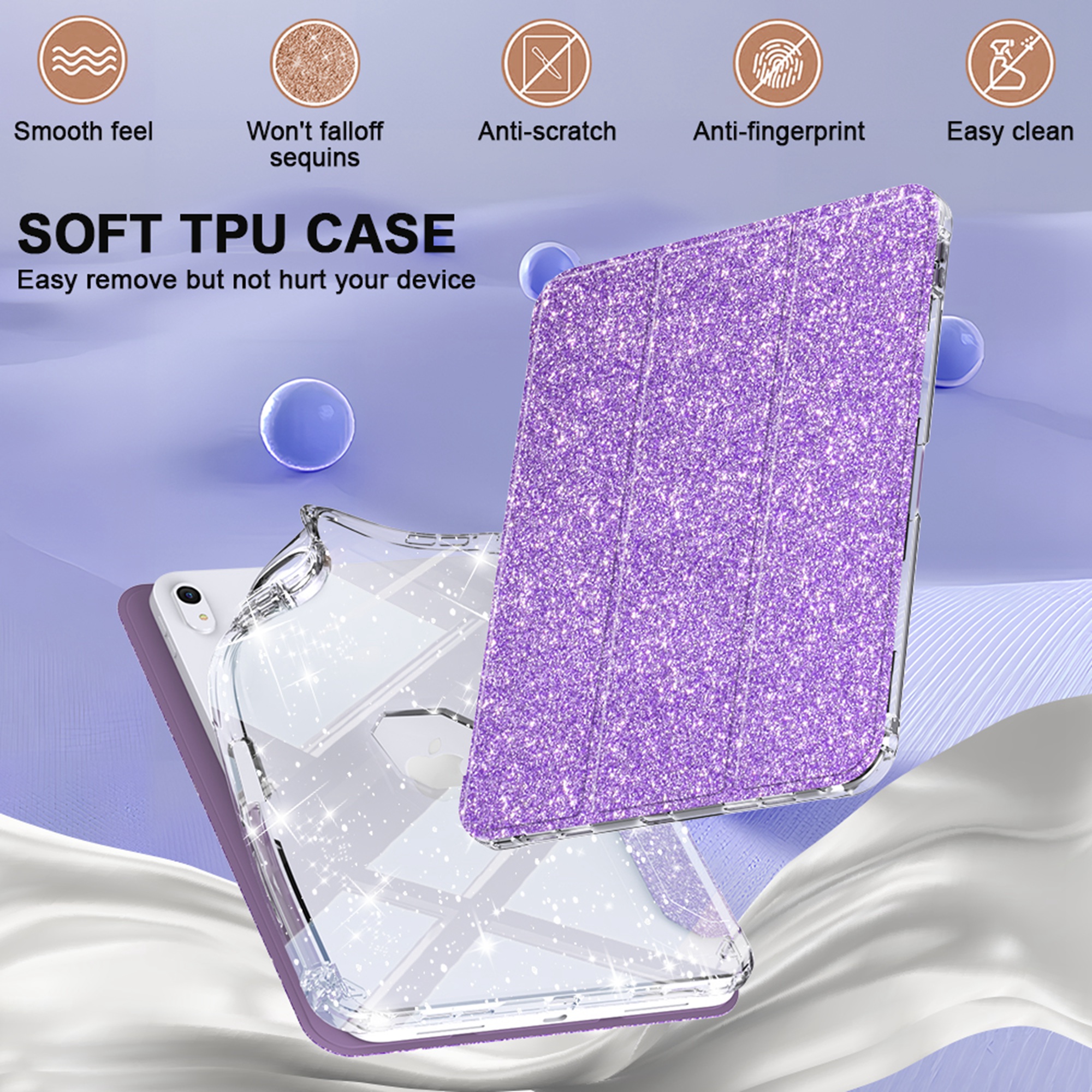 Dteck Smart Case for iPad iPad (A16) 11th Generation 11-inch 2025, iPad 10th Generation 10.9-inch 2022,Glittering Sparkly Shockproof Cover with Sparkly Crystal Clear Back and Pencil Holder,Purple