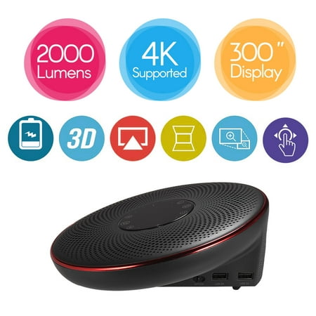 Aibecy Portable DLP Video Projector 3D Mini Home Theater Projector UFO Shape Dual HiFi Speaker 2000 Lumen 30000 Hours Lamps Life MAX 300 Inch 4K Resolution Supported 16000 mAh Rechargeable Battery