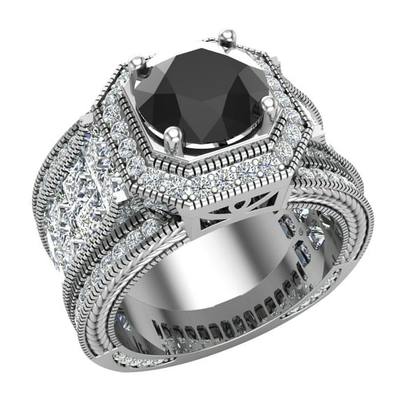 Large Black Diamond Engagement Ring 14K White Gold Halo Rings for women 8.00 mm 6.85 carat