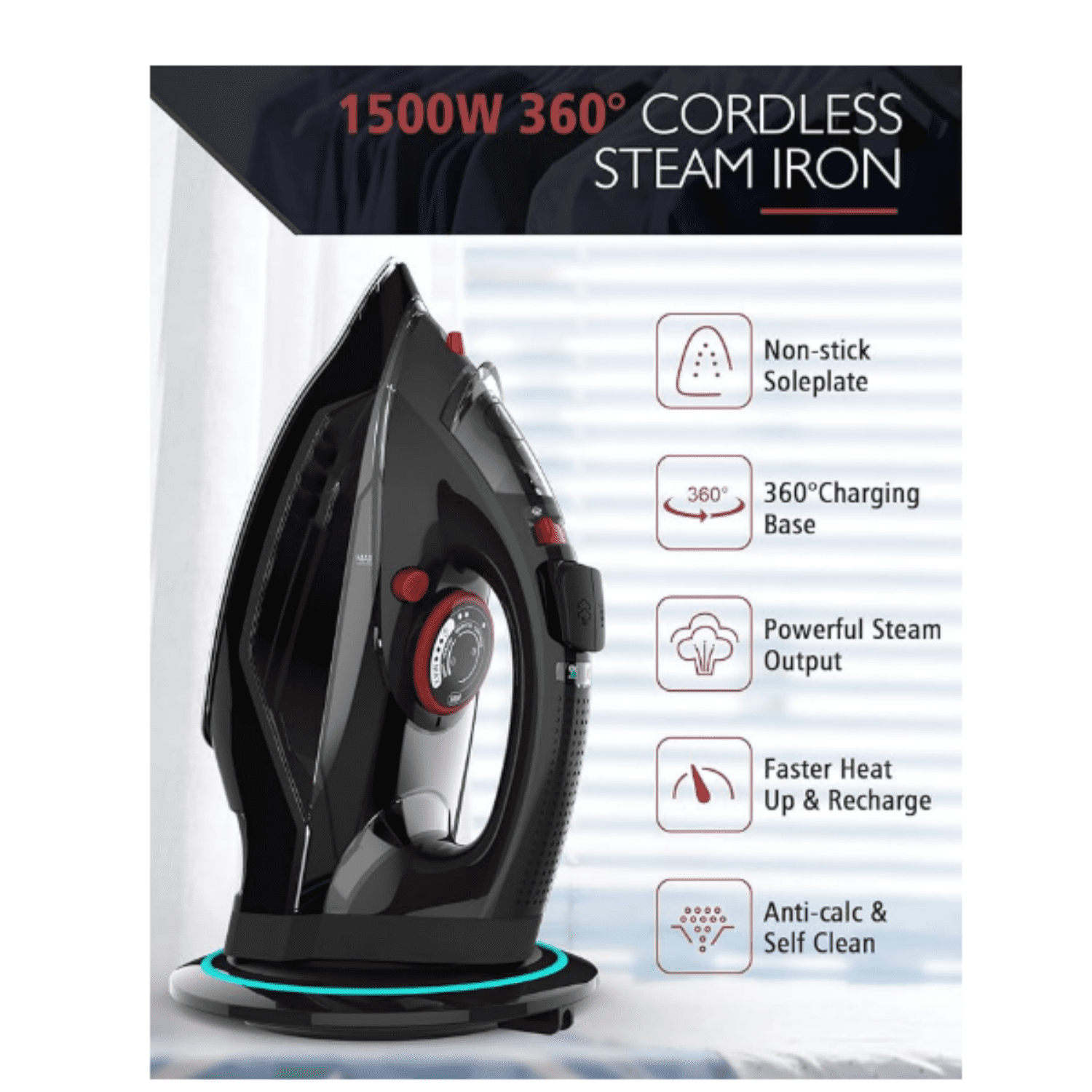 Cordless Iron for Clothes, 1500W Steam Iron Rapid Heating, Ceramic Soleplate, Auto Shut Off, Self-Clean, Anti-Calc, 3 Temperature Settings, 11.84oz Water Tank Ironing Clothes for Home, Black