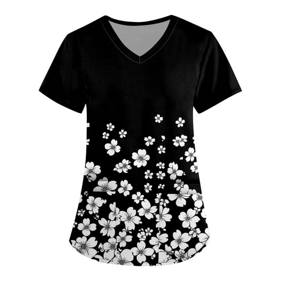 Womens Scrubs,Floral Print Medical Tops - Moisture-Wicking V-Neck Scrub Top with Cargo Pockets - Black - L