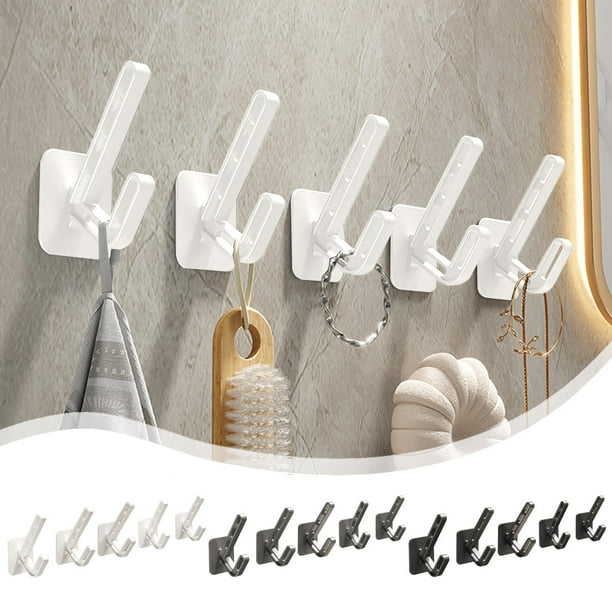Perchas de ropa montadas en la pared - ganchos adhesivos fuertes en pack de 5 para puertas, paredes, armarios, instalación sin taladros sin daños, plástico, blanco/negro/gris