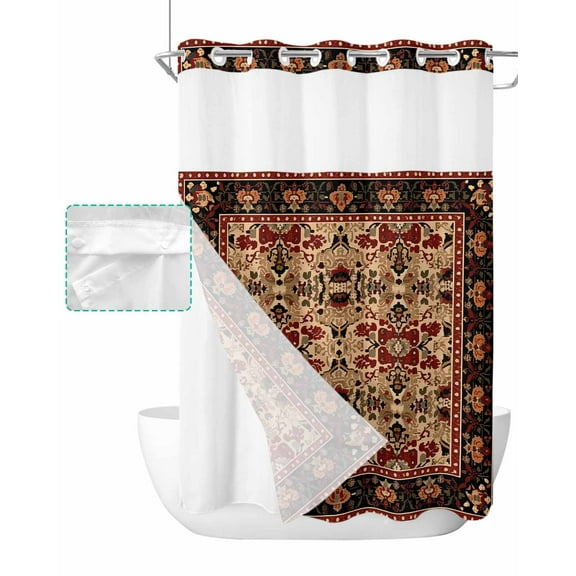 No Hook Shower Curtain with Snap in Liner, Abstract Geometric Dots and Wireframe Flowers Hotel Shower Curtains for Bathroom, Washable Shower Curtain Liner Set with Mesh Top Window, 48"x72"