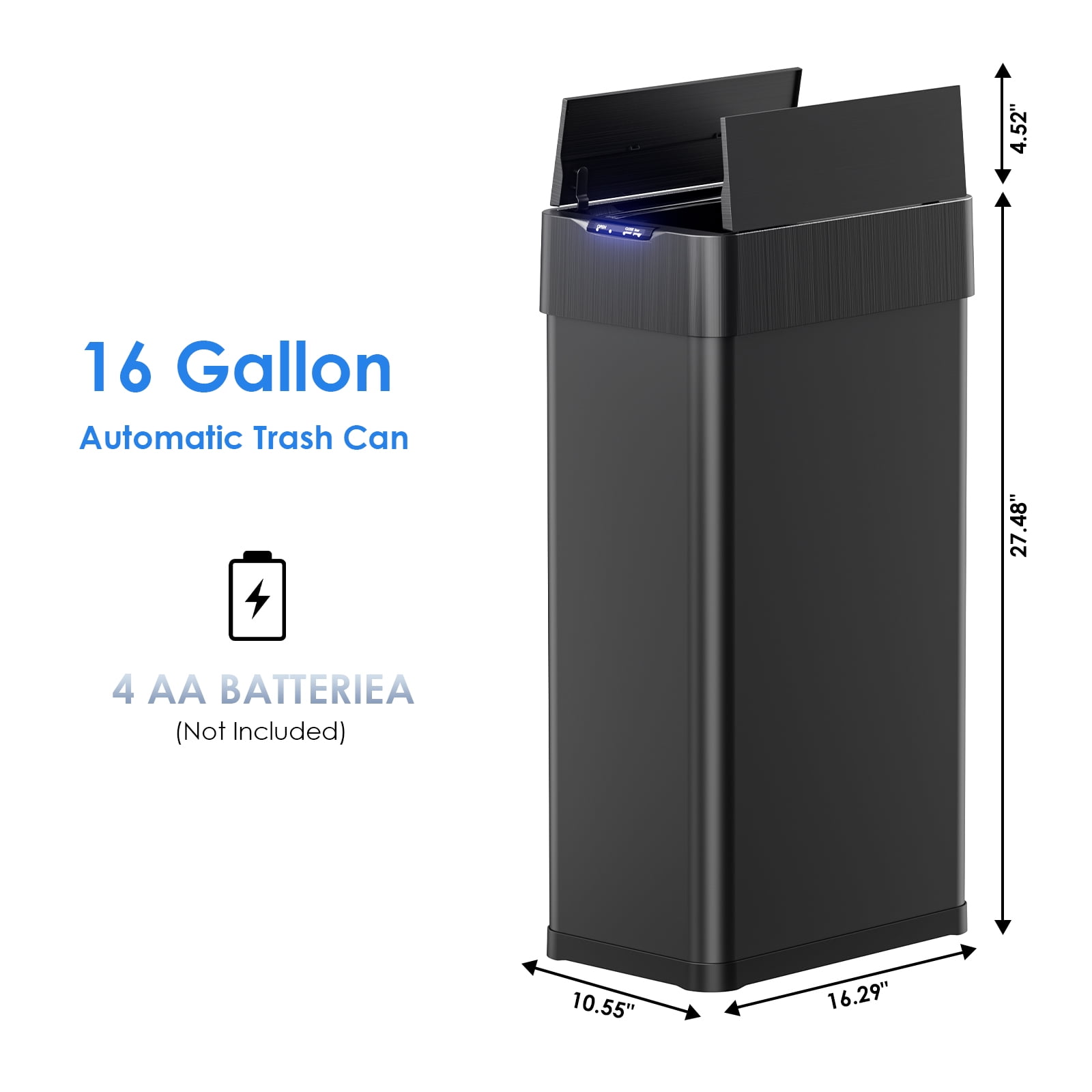 Pirecart 16 gal Sensor Trash Can Stainless Steel Kitchen Garbage Bin with Soft Close Lid, Black