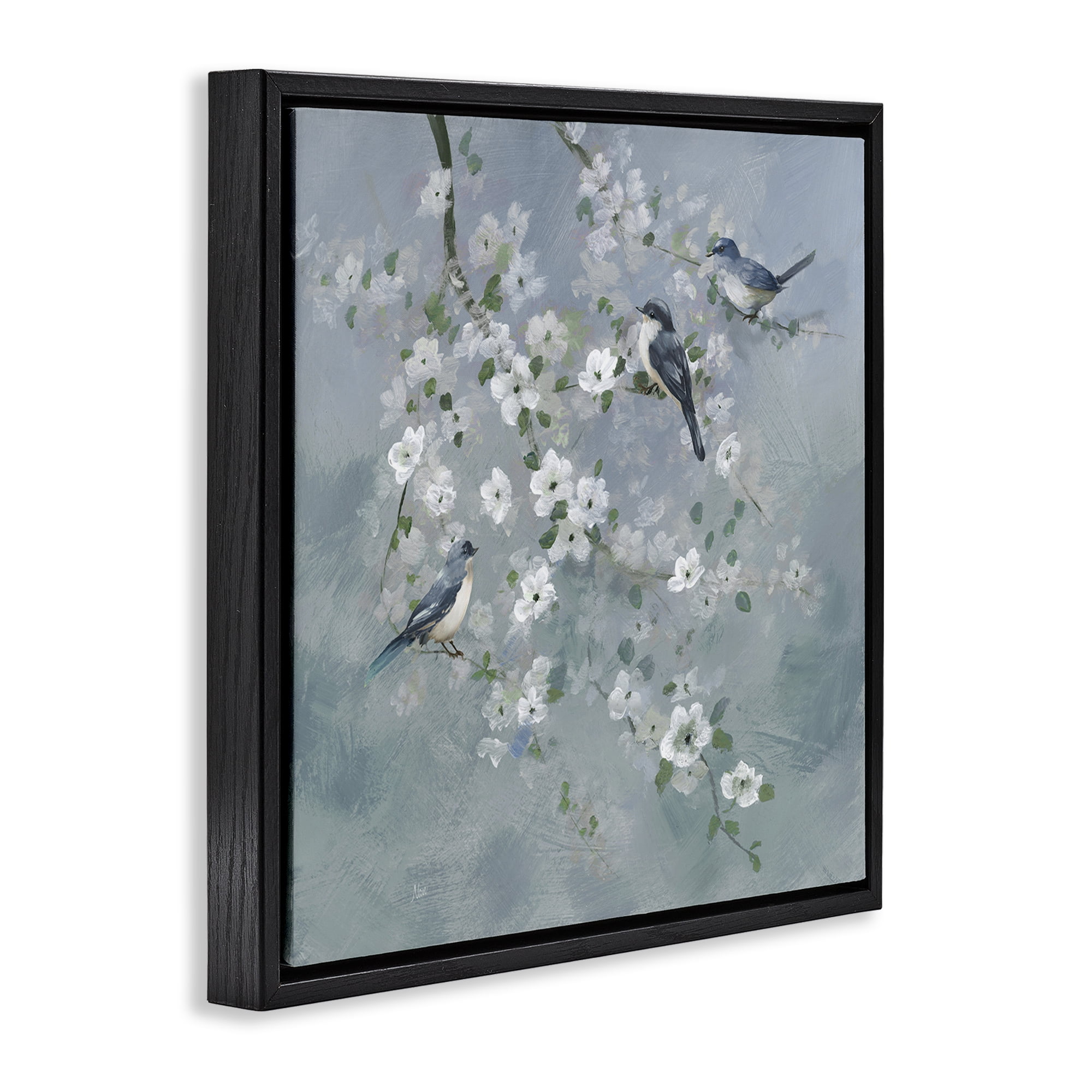 Stupell Industries Serene Birds on White Blooms Black Framed Floater Canvas Wall Art, design by Nan