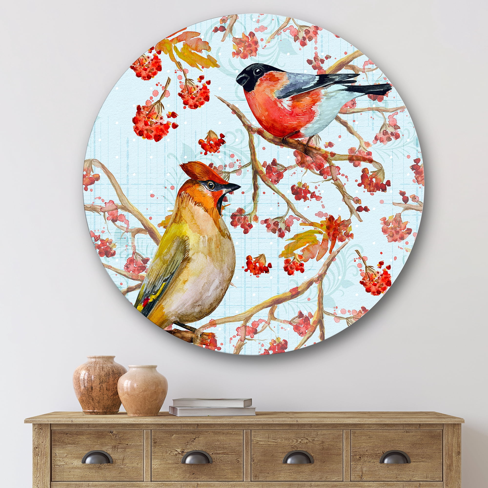 Designart 'Two Birds Sitting On Branches During Autumn' Traditional Circle Metal Wall Art 29x29 - Disc of 29