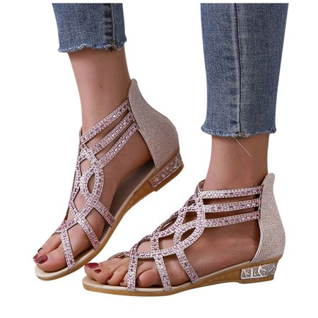 

iOPQO Women s slipper Fashion Spring And Summer Women Sandals Rhinestone Hollow Fish Mouth Small Wedge Zipper Roman Style fashion spring and summer women s Beige 42