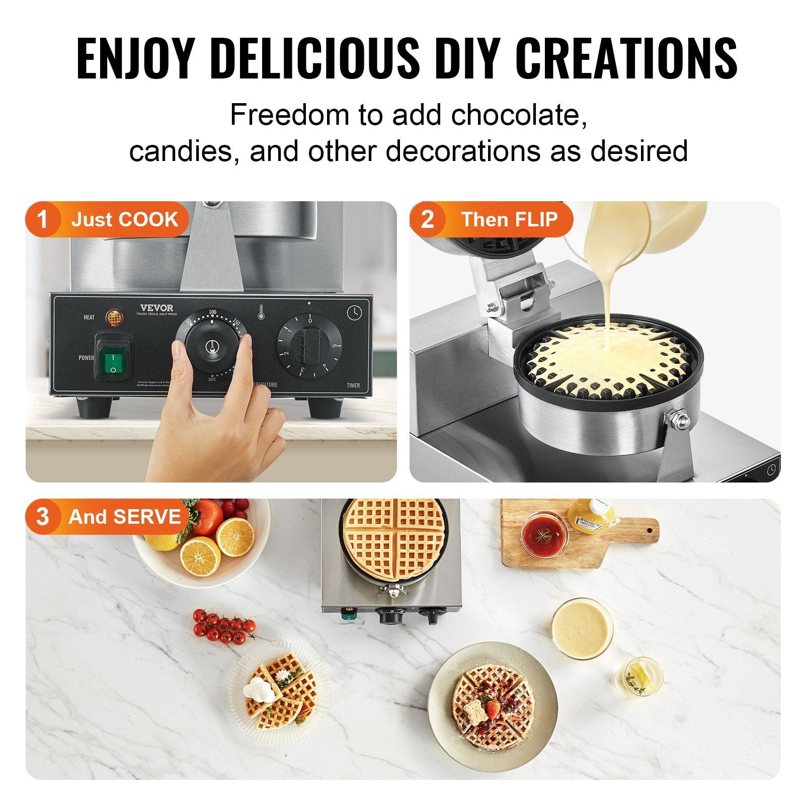 Dranite Commercial Round Waffle Maker Machine - Non-Stick Coating, 1230W Power, Professional Belgian Waffle Iron Baker for Breakfast and Business Use
