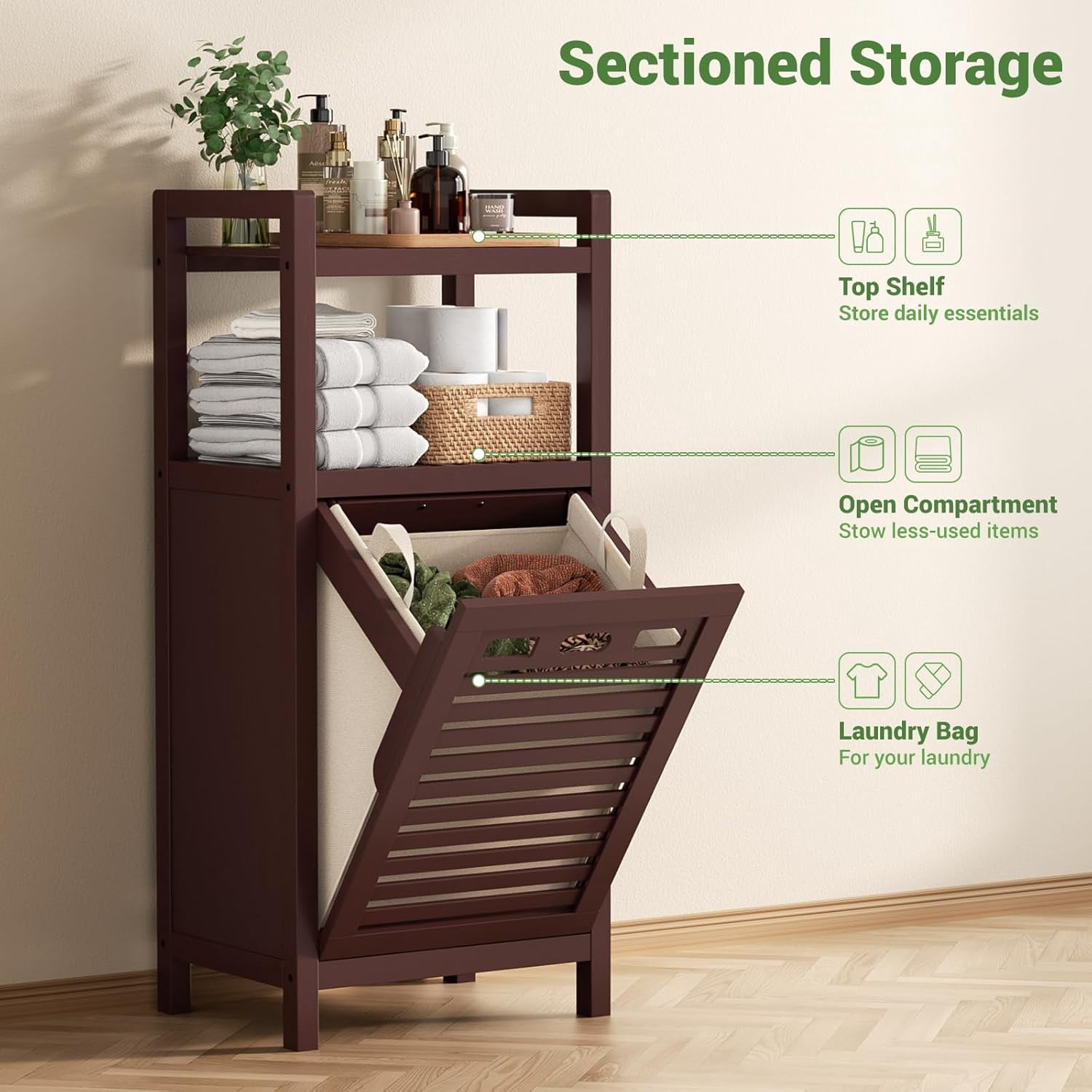 Tilt-Out Laundry Hamper Cabinet, 10 Gal Bamboo with Removable Basket and Shelf, Espresso