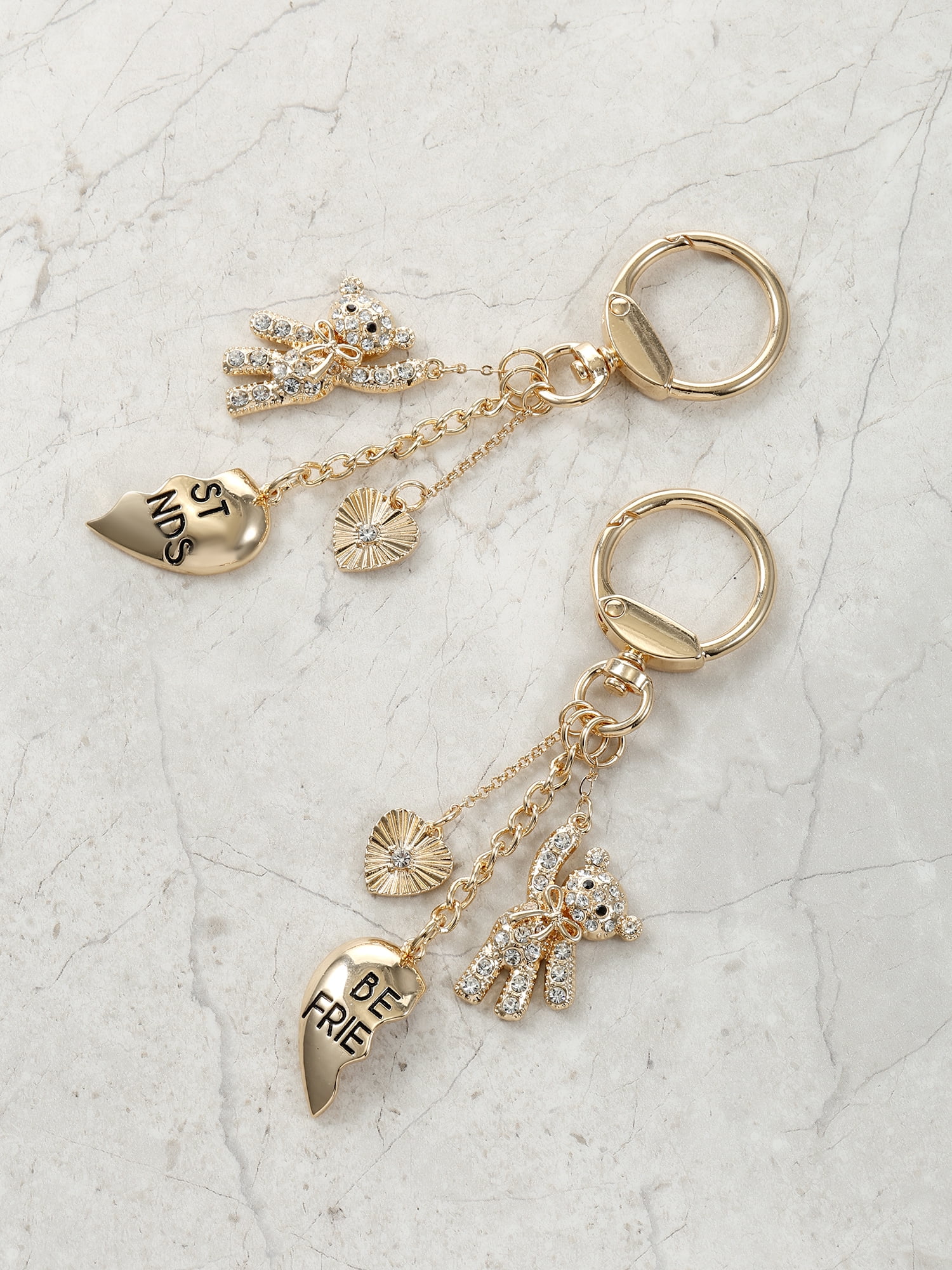 No Boundaries Goldtone Best Friends Wear-One-Share-One Handbag Charms with Hearts and Teddy Bears, 2 Bag Charms