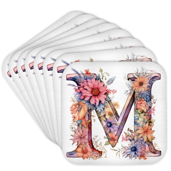 3drose, Bright Beautiful Flower Monogram M, Set of 8 Coasters - Cork