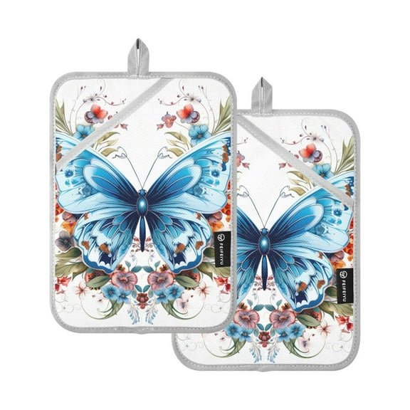Pot Holders Set of 2 Heat Resistant 338℉ Kitchen Oven Gloves Potholder Cooking Baking Microwave Mitts Floral on A Blue Butterfly