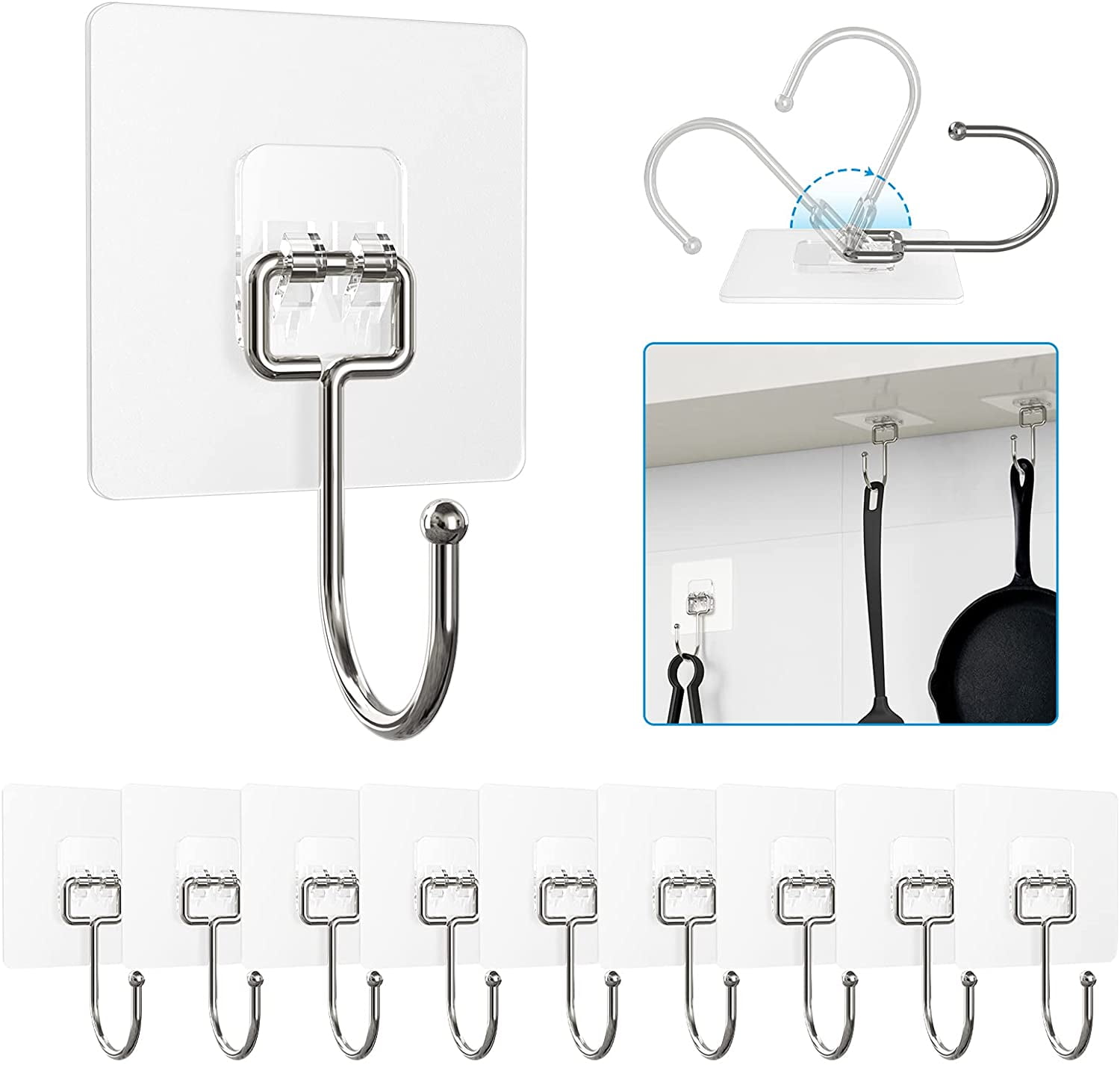 10 Pieces Large Wall Hooks for Hanging Heavy Duty 22lb(Max),Coat and Towel  Adhesive Hooks,Wall Hangers Waterproof and Oilproof for Bathroom,Kitchen  and Home Sticky Hooks (Transparent) 