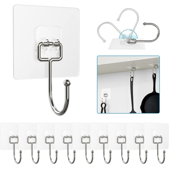 Huakan Wall Hooks Hanging Heavy Duty 22lb,Hangers Waterproof and Oilproof,Bathroom Kitchen Transparent Sticky Adhesive Hooks 10 Pcs