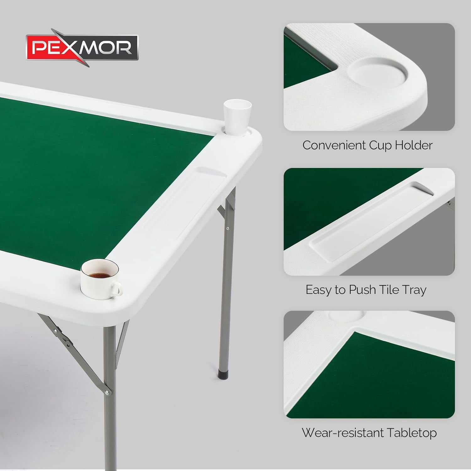 PEXMOR 39.5" Foldable Mahjong Table, 4 Player Card Game Table w/Cup Holders & Chip Grooves, Portable Folding Poker Domino Board Game Table for Blackjack, Texas Hold'em, Jigsaw Puzzles Game