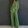 thumbnail image 2 of Women's Waffle Knit 2 Piece Tracksuit Outfit Henley Long Sleeve Top and Drawstring Wide Leg Pants Soft Comfy Loungewear Casual Travel Vacation Streetwear Set Green, 2 of 5