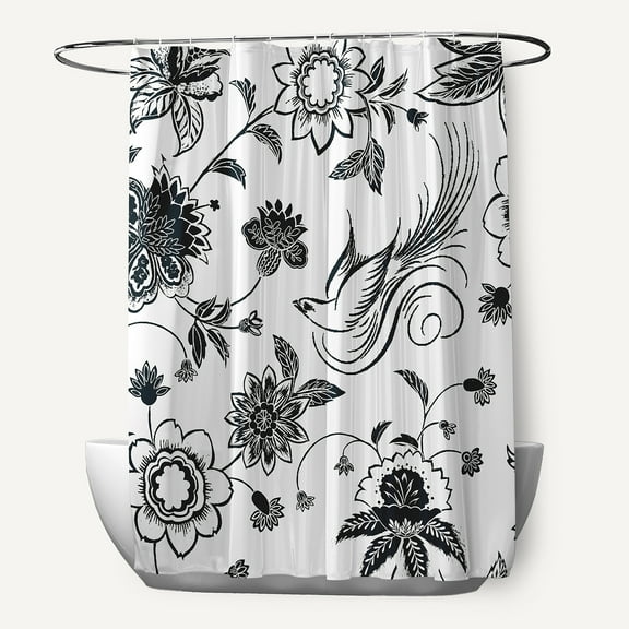 Simply Daisy 70" W x 73" L Traditional Bird Floral Polyester Shower Curtain, Black [1 Ct]