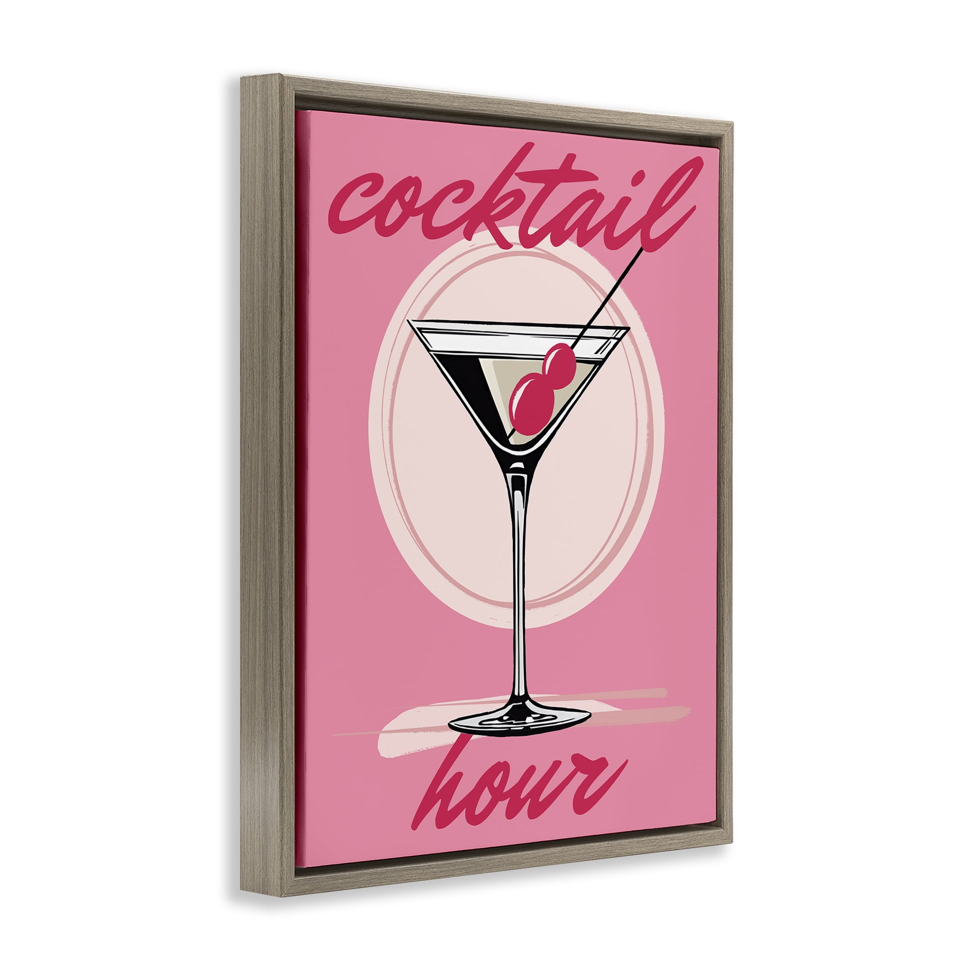 Stupell Industries Cocktail Hour on Pink Food & Beverage Painting Brown Floater Framed Canvas Art Print Wall Art, 25 x 31