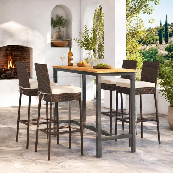 Patio Wicker Barstools, set of 4, 30 in seat height, PE rattan, with cushions and footrests