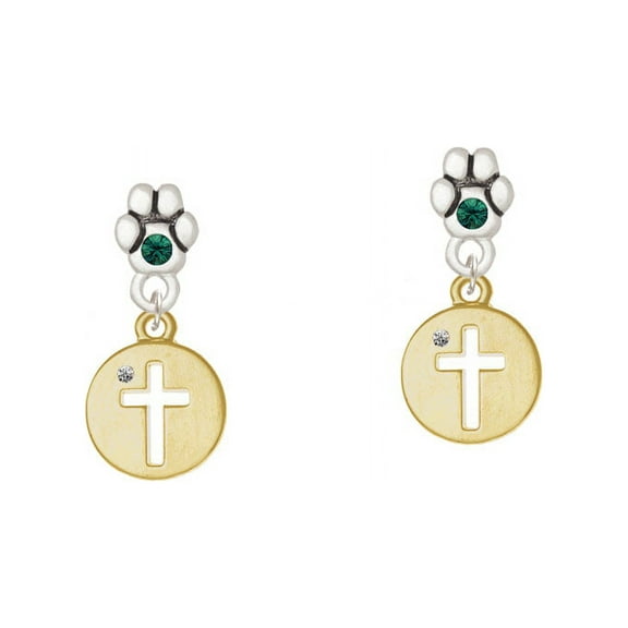 Gold Tone Cross Silhouette - Green Crystal Paw Earrings