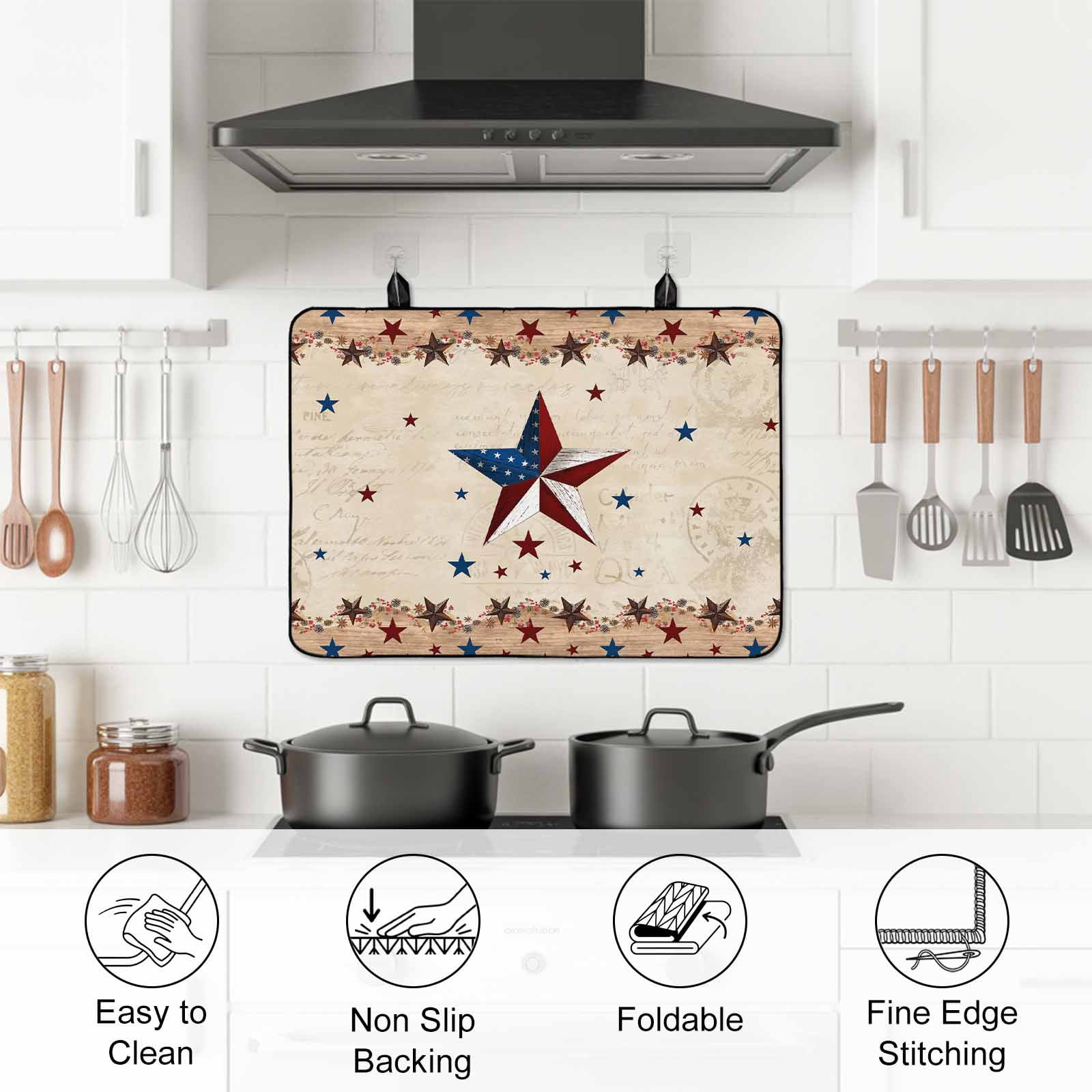 Independence Day Stove Top Cover for Electric Stove, Heat-proof & Non Slip Glass Top Stove Cover Protector, Rustic Texas Star Farmhouse Wooden Kitchen Flat Cooktop Rubber Mat 24x21 Inches