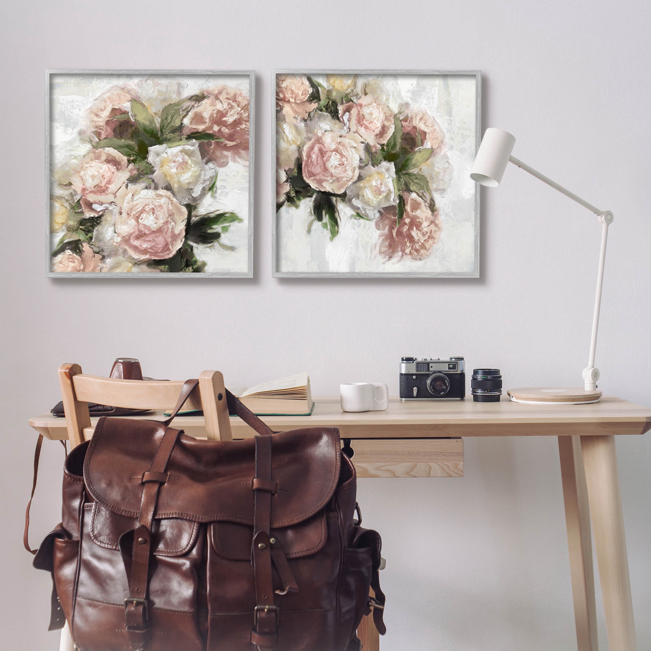 Traditional Peony Blossoms Arrangement Botanical & Floral Graphic Art Gray Framed Art Print Wall Art, Set of 2