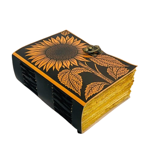 Sunflower Handmade Leather Journal – 5x7 inch – 200 Deckle Pages – Vintage Floral Notebook