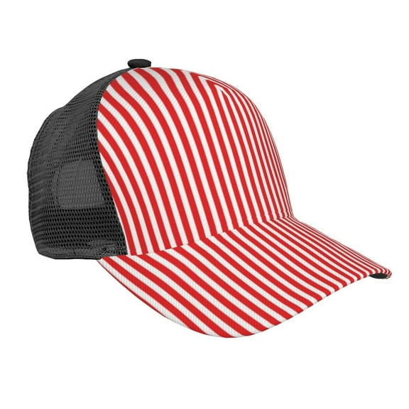 Zufioo Red And White Stripes Print Mesh Baseball Cap, Adjustable Sport Travel Hat Accessory for Men and Women