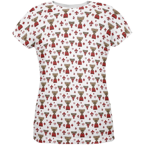 French Canadian Maple Leaf Fleur De Lis Moose Pattern All Over Womens T Shirt Multi LG