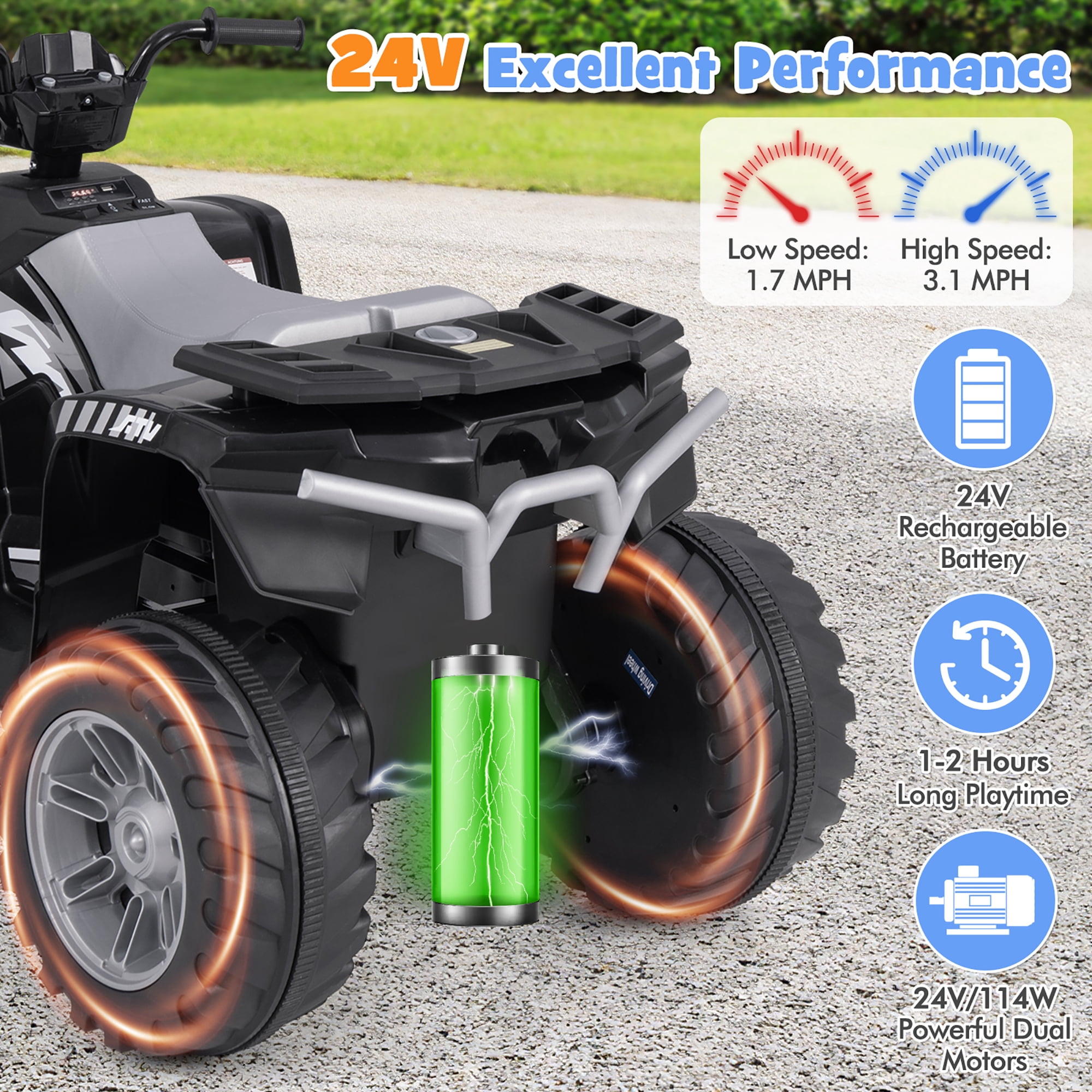 Gymax Kids Ride-On ATV 24V Battery Powered Electric Vehicle w/ Wireless Connection Music Radio Black