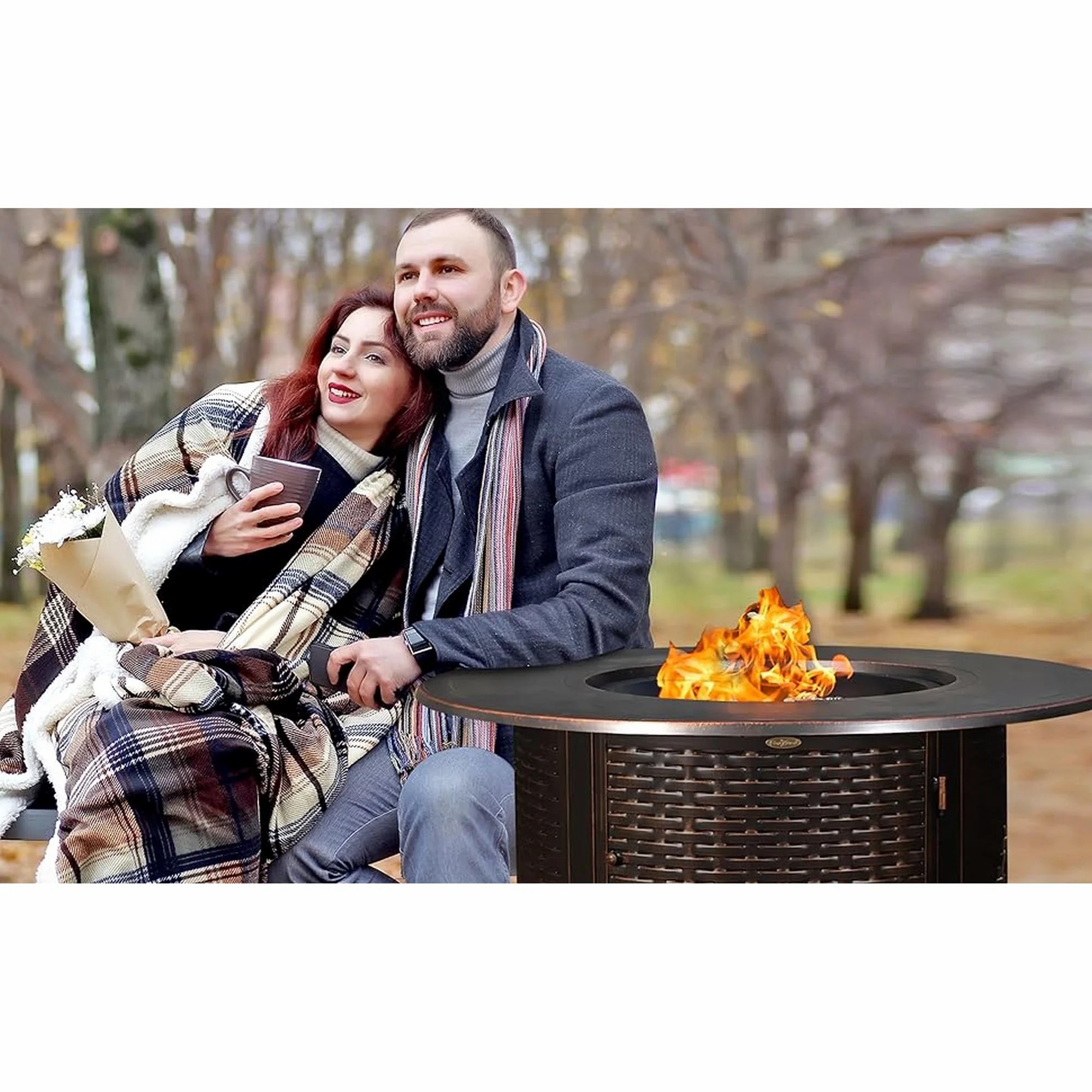 Vulcan Florence Woven Aluminum Gas Fire Pit Table – Round 44" with Fire Bowl Lid, Antique Bronze