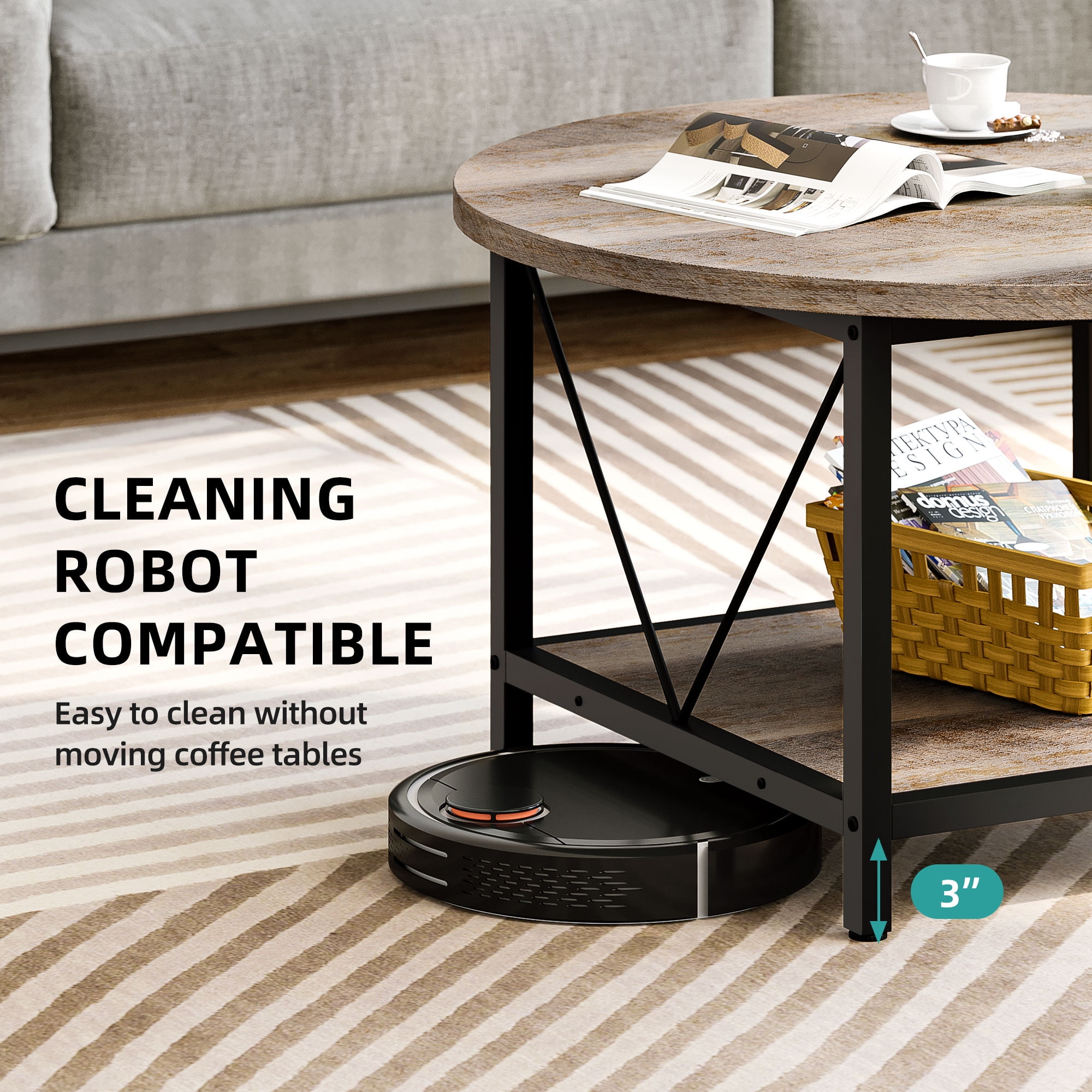 Dextrus Round Coffee Table with Storage, Rustic Living Room Tables with Sturdy Metal Legs, Gray Wash