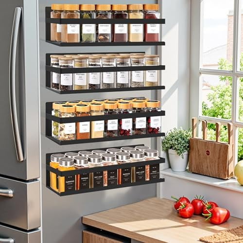 Magnetic Spice Rack Organizer for Fridge Seasoning Organizer for Kitchen storage with Screw Magnetic Shelf with Hook for Refrigerator and Oven (6pack) (4pack-Black)