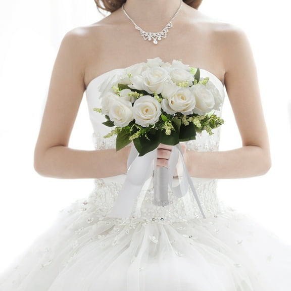 HUONA Artificial Silk Rose Wedding Bouquet Bridesmaid Holding Flowers Wedding Accessories Home Party Prom Wedding Decorations for Bride Bridesmaids White