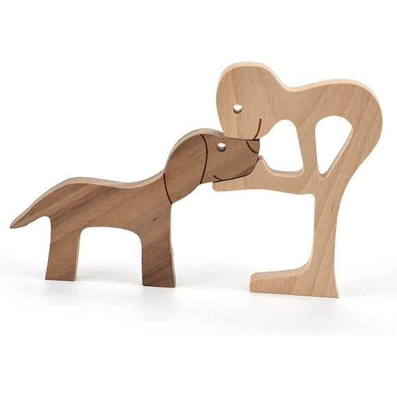 Jinsinto Jadyon Wood Sculpture Gift for Pet Lover, Wooden Dog Cat Family Statue, Cute Puppy, Kitty, People Statue, Sculpture Decoration for Home, Office, Living Room (Men and Dog)