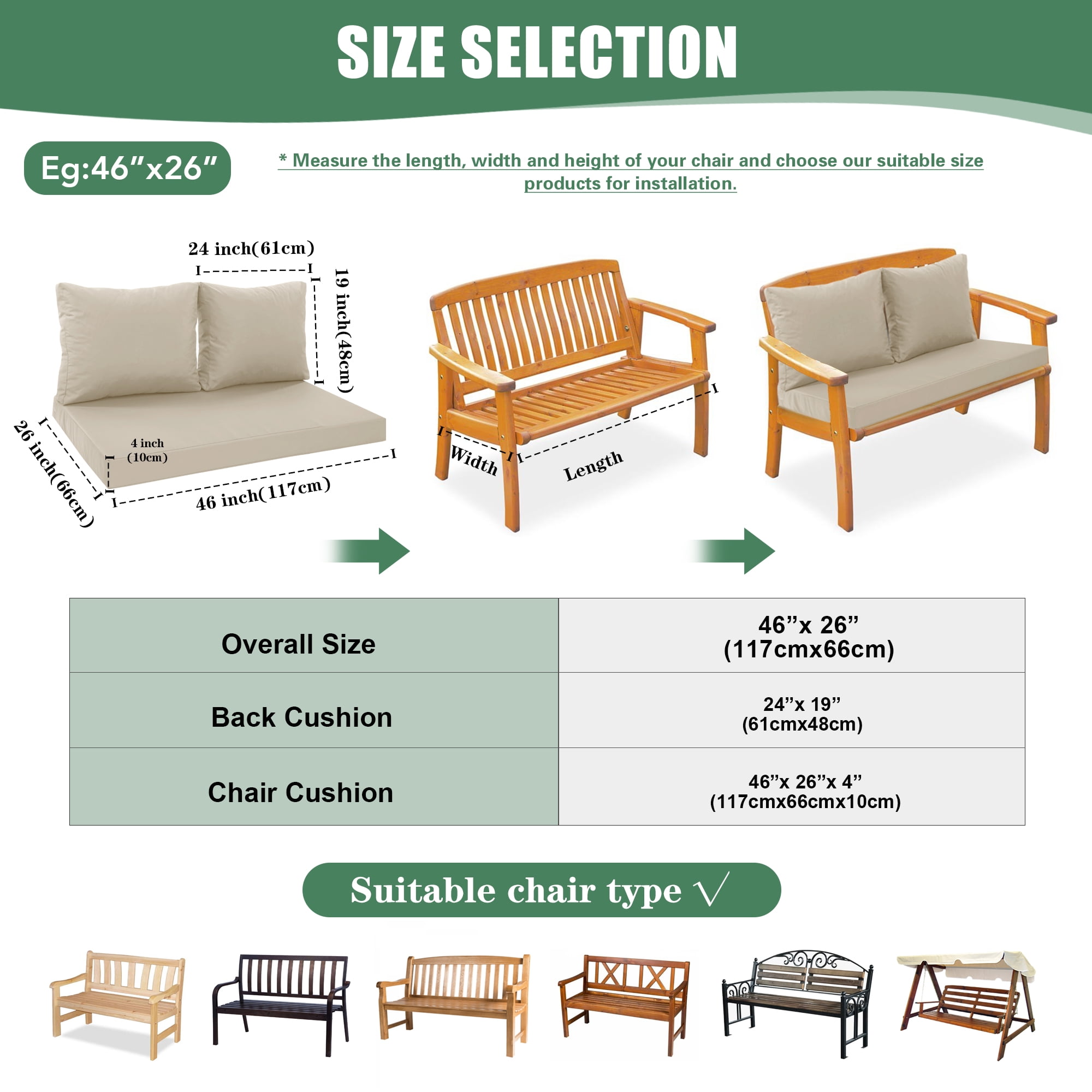Outdoor Loveseat Cushions, Waterproof Weather & Fade Resistant Seat and Backrest Cushion Set for Couch, Swing, Bench, 46 x 26 Inch, Beige