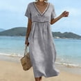 thumbnail image 2 of Summer Fashion Dresses for Womens 2026 Plus Size Cotton And Linen Solid Color Dress Short Sleeved V-neck Lace Trimmed Loose Casual Summer Beach Dress, 2 of 9
