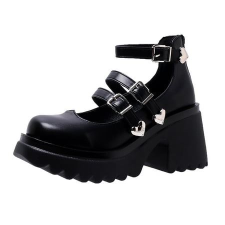

Women Walking Shoes Ladies Fashion Solid Color Leather Love Buckle Retro Square Toe Thick High Heel Shoes Wedges for Women PU Black