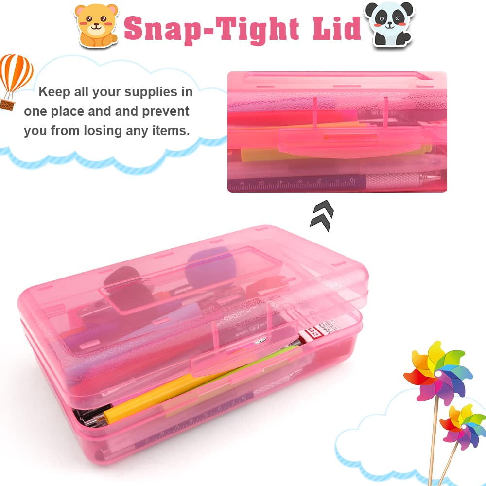 Pencil Box, Large Capacity Clear Pencil Case, 1 Pack Hard Pencil Case, Clear Crayon Box with Snap-tight Lid Stackable Design, Plastic Storage Box for Office Supplies, Pink