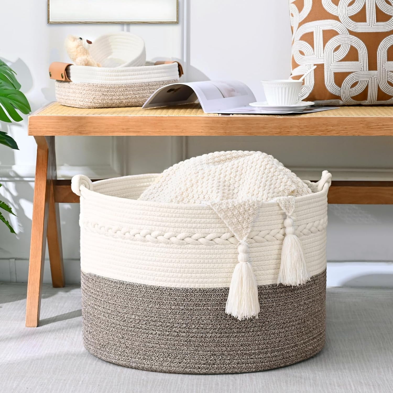 67L Large Blanket Basket, 20"x13" Woven Storage Baskets With Handle, Cotton Rope Blanket Basket Living Room, Baby Laundry hamper for Blanket, Nursery, Toy, Pillow (White & Grey)