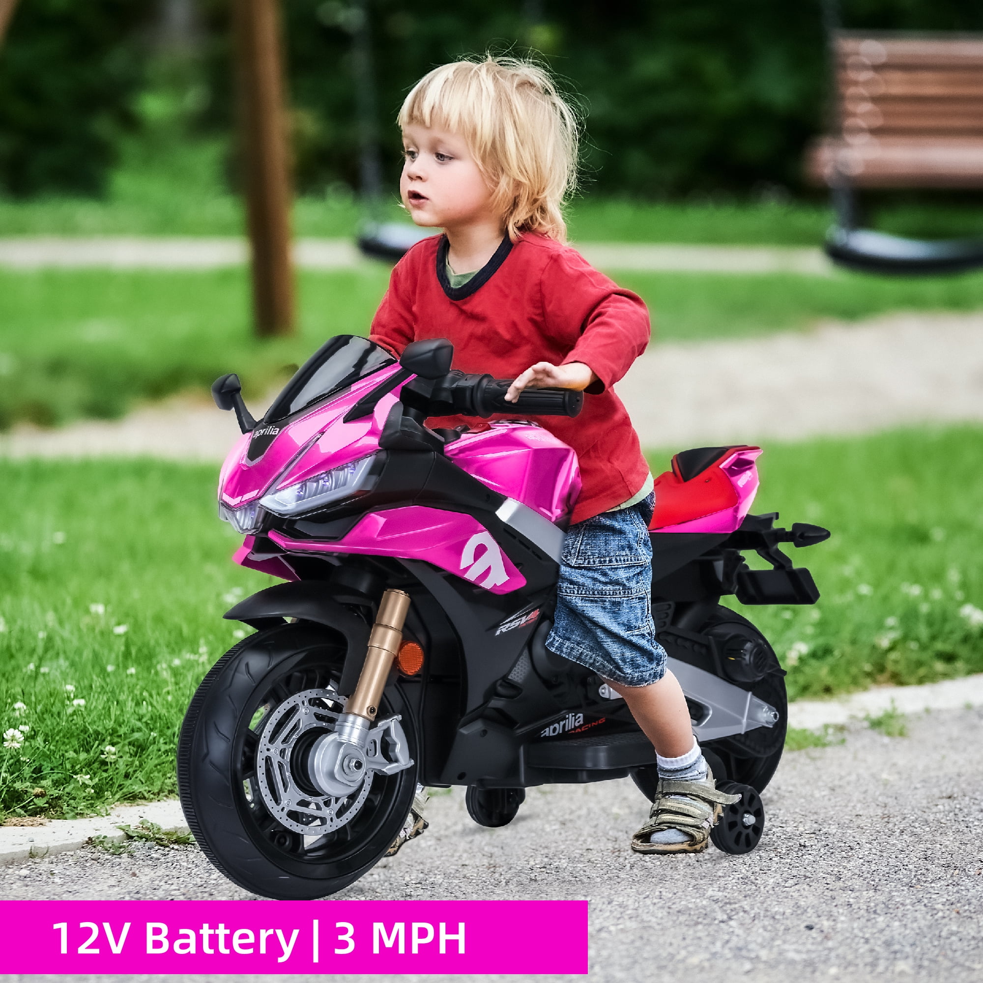 HEIMILI Girl Pink 12V Ride on Motorcycle Auxiliary Wheels Aprilia Motorbike 3mph for Kids w/Bluetooth LED Lights