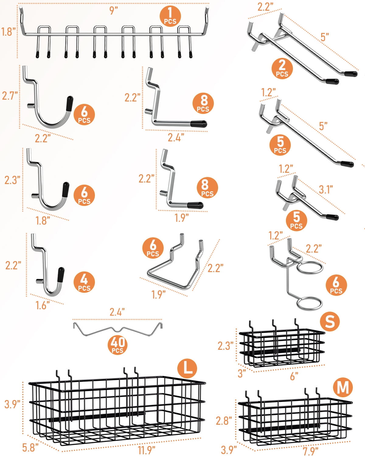 INCLY 1/4“ Extra Thick Pegboard Accessories Kit, 100PCS Heavy Duty Metal Peg Board Hook Assortment with 3 Sizes Pegboard Basket S/M/L Fit 1/4 Inch Pegboard for Garage Wall Organizer Hanging Tools