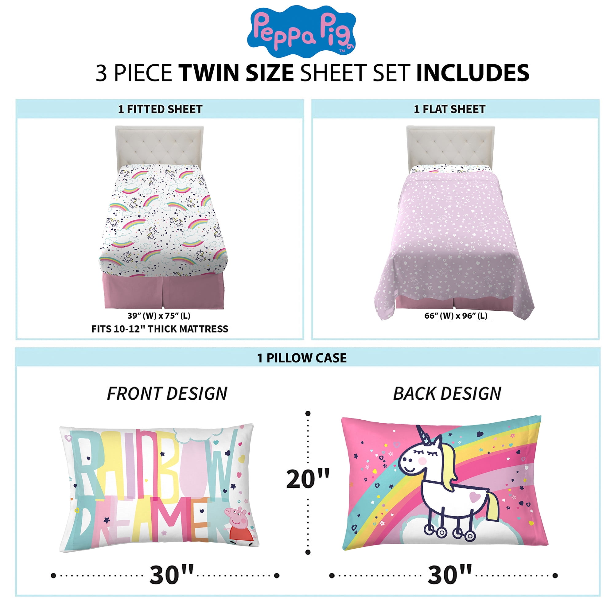Peppa Pig Kids Twin Sheet Set, Pink and White